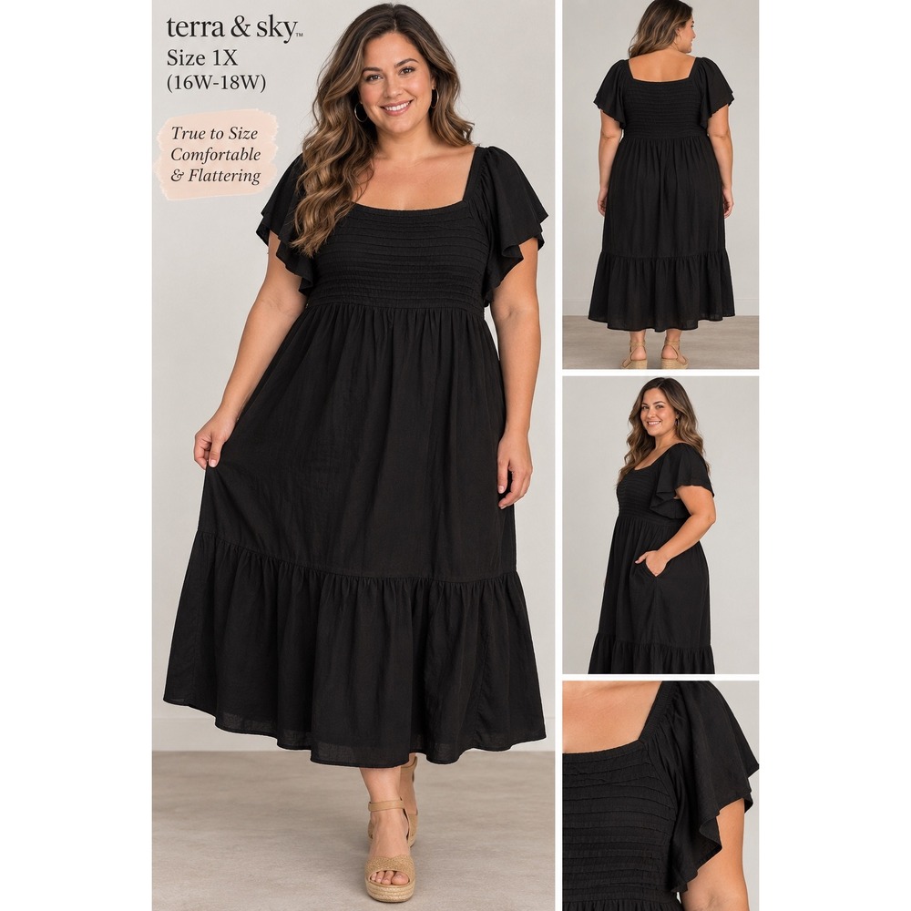 Terra & Sky Black Smocked Pintuck Tiered Midi Dress 1X 16W-18W Flutter Sleeve